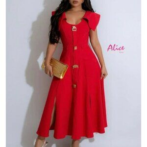 Cris&Cris Womens Red Dress With Gold Button Accents & Side Pockets Large Size Ma